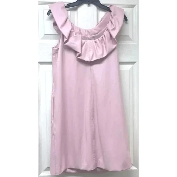 $358 Trina Turk Twin Falls Shift Ruffle Faux Leather Dress Desert Rose Pink  Sz M